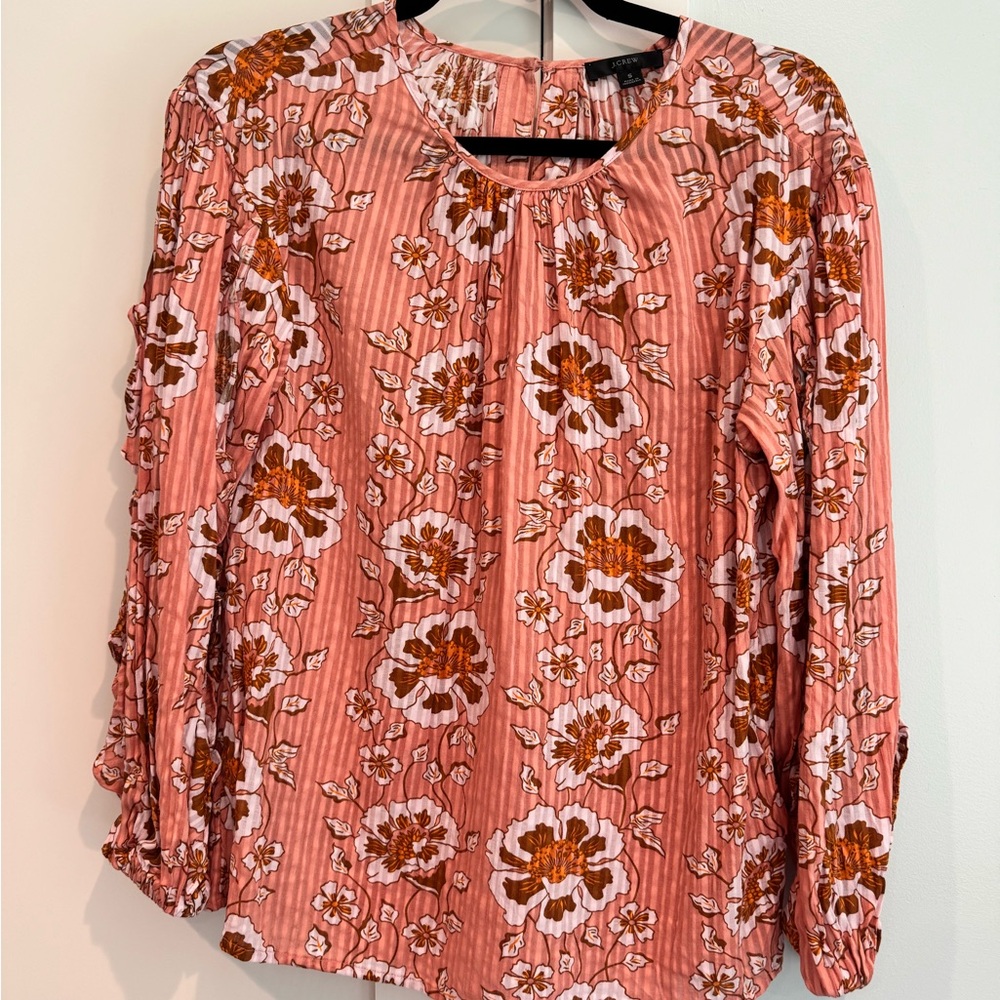 J. Crew Coral Pink Floral Long-Sleeve Blouse